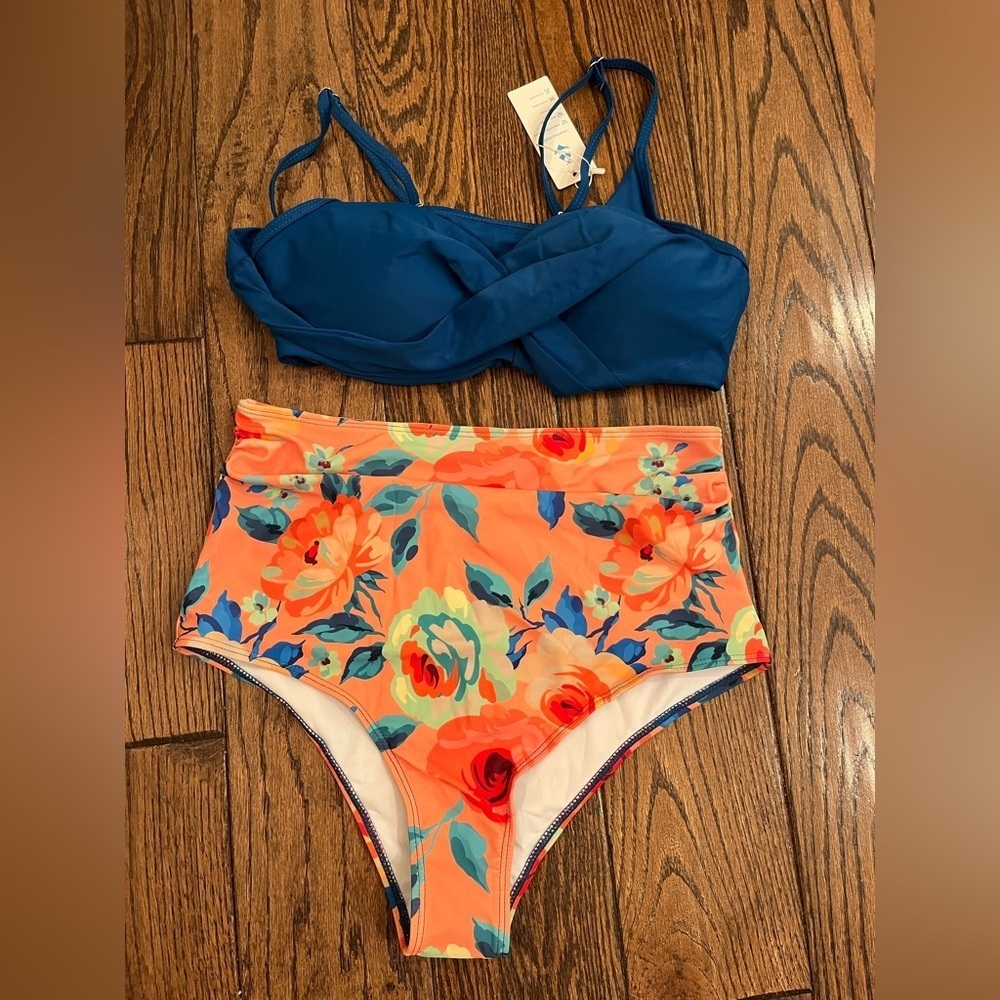 NWT Beachsissi Floral Blue and Orange Bikini Set Size L